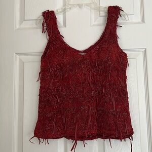 Vintage 90s Knitted Genuine Leather W/Fringes Red Sleeveless Low Neck Top Small